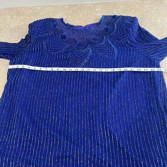 Vintage 80s 100% Silk Beaded Sequin Top Women 26 Long Sleeve Party Cocktail VTG - Picture 2 of 15